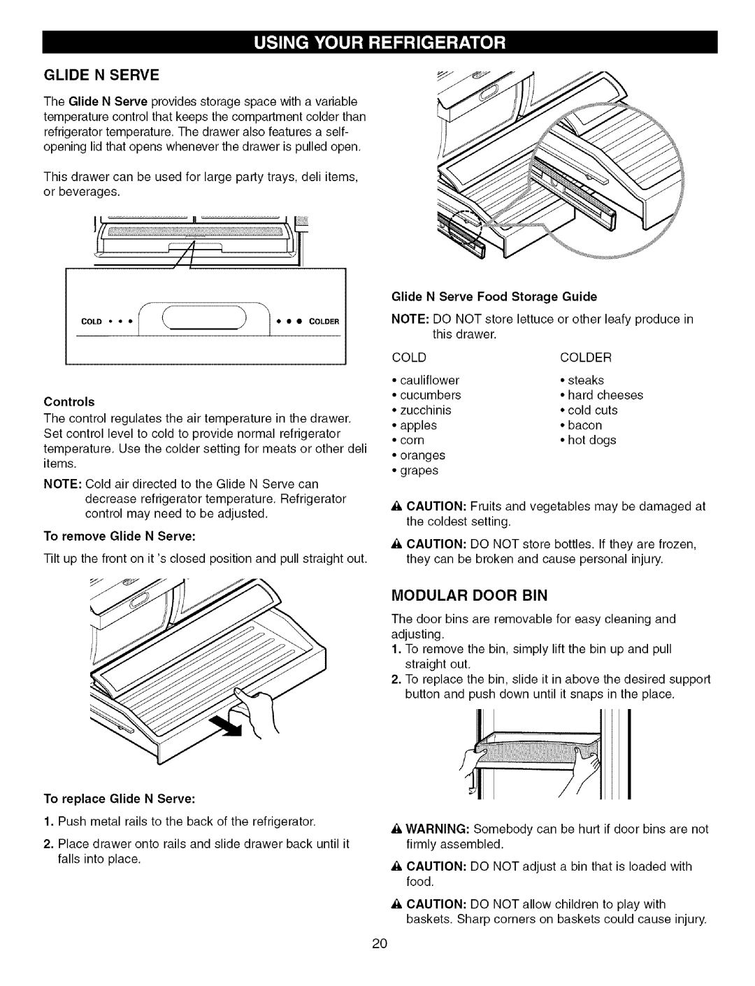 Kenmore 3840JL2019A manual Modular Door Bin, Controls, Glide N Serve Food Storage Guide, To replace Glide N Serve 