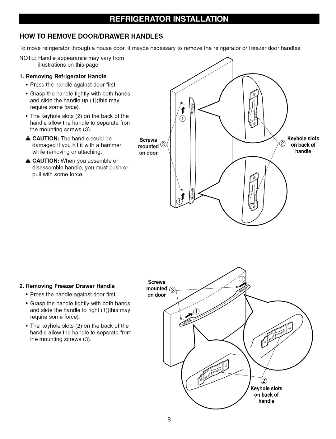 Kenmore 3840JL2019A How To Remove Door/Drawer Handles, Removing Refrigerator Handle, mounted on door, mounted @I on door 