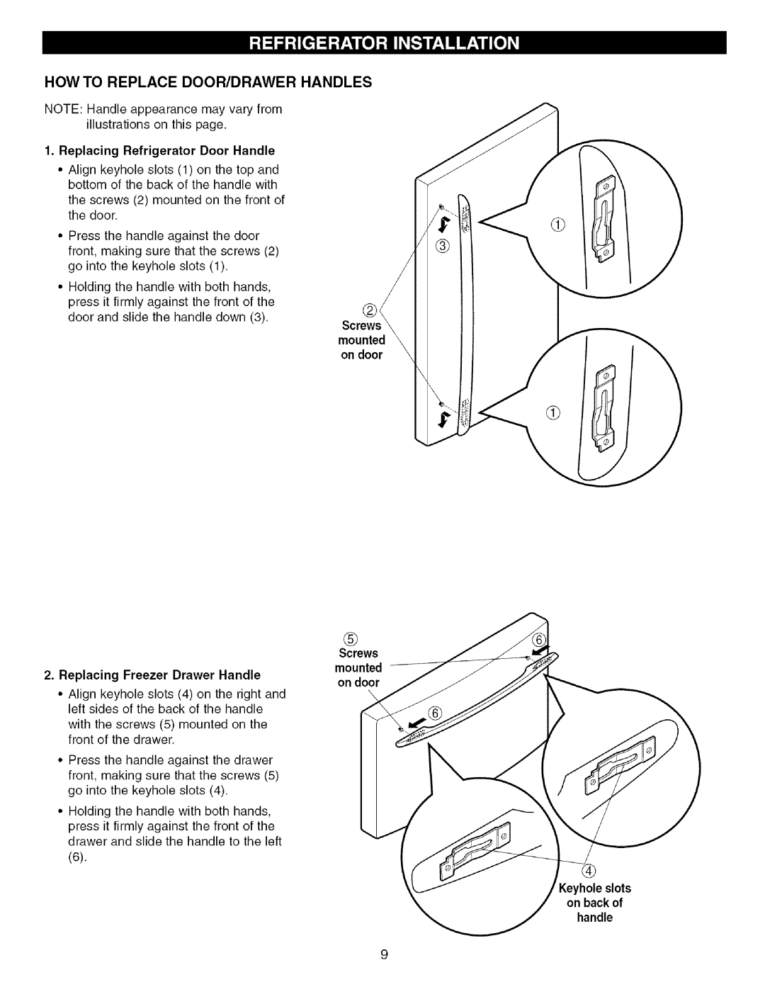 Kenmore 79575559400 manual How To Replace Door/Drawer Handles, Replacing Refrigerator Door Handle, Screws mounted on door 