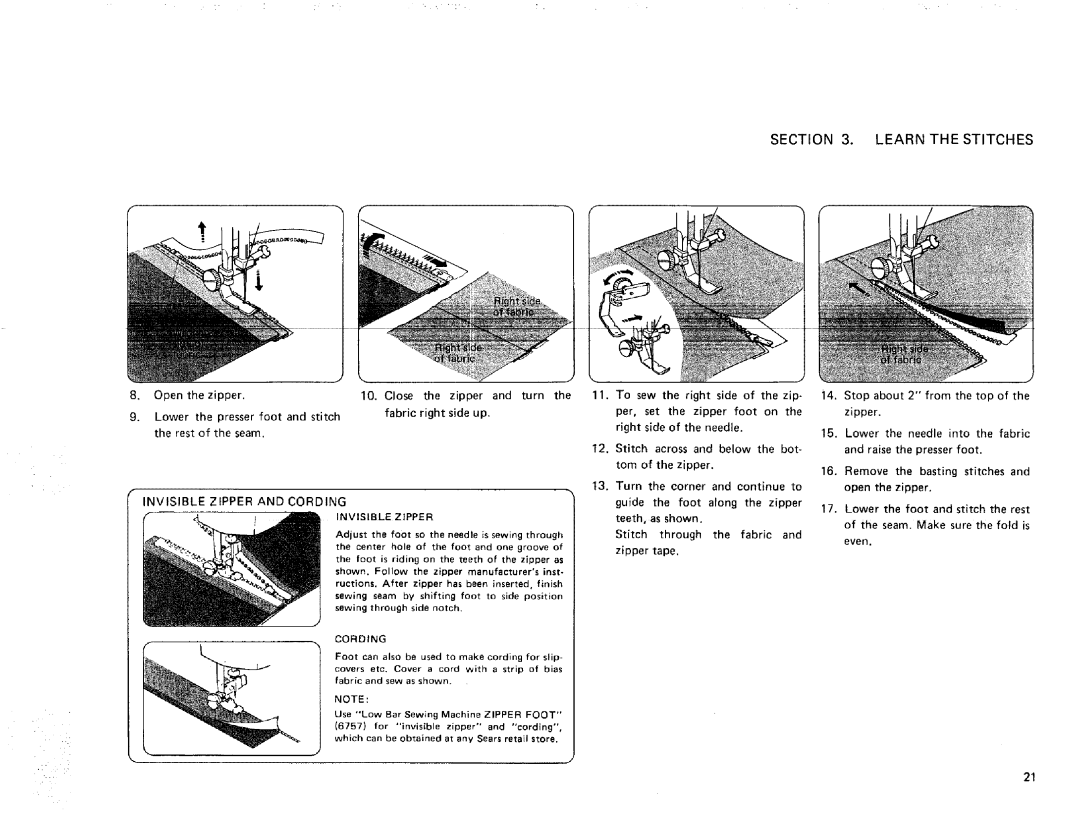 Kenmore 385. 17622 owner manual Invisible Zipper and Cording 