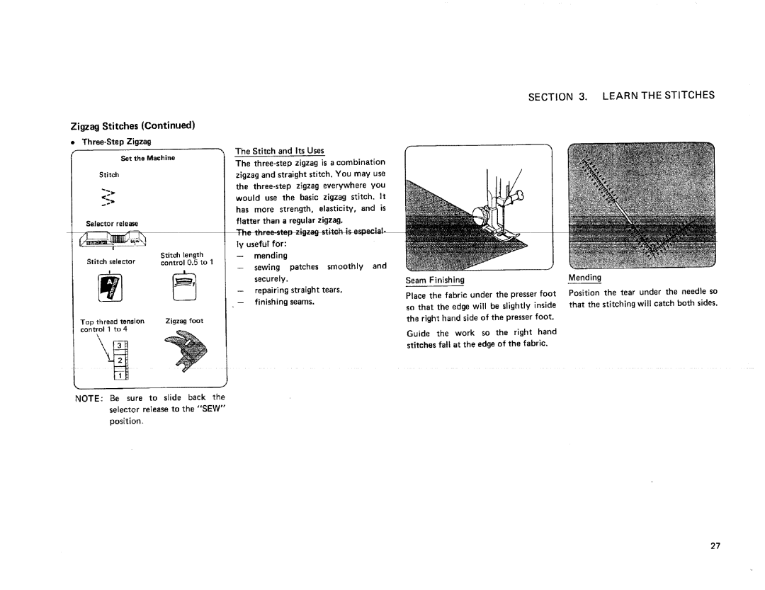 Kenmore 385. 17622 owner manual Zigzag Stitches Three-Step Zigzag, That the stitching will catch both sides 