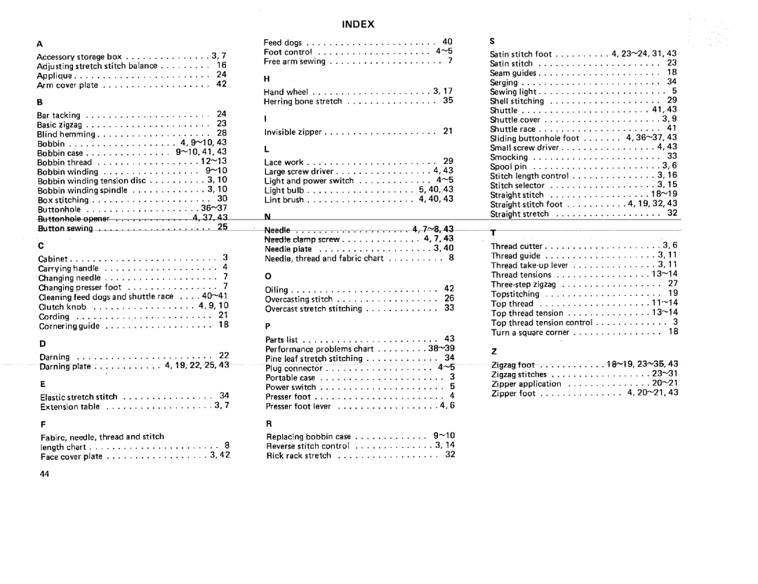 Kenmore 385. 17622 owner manual Index, Adjusting stretch 