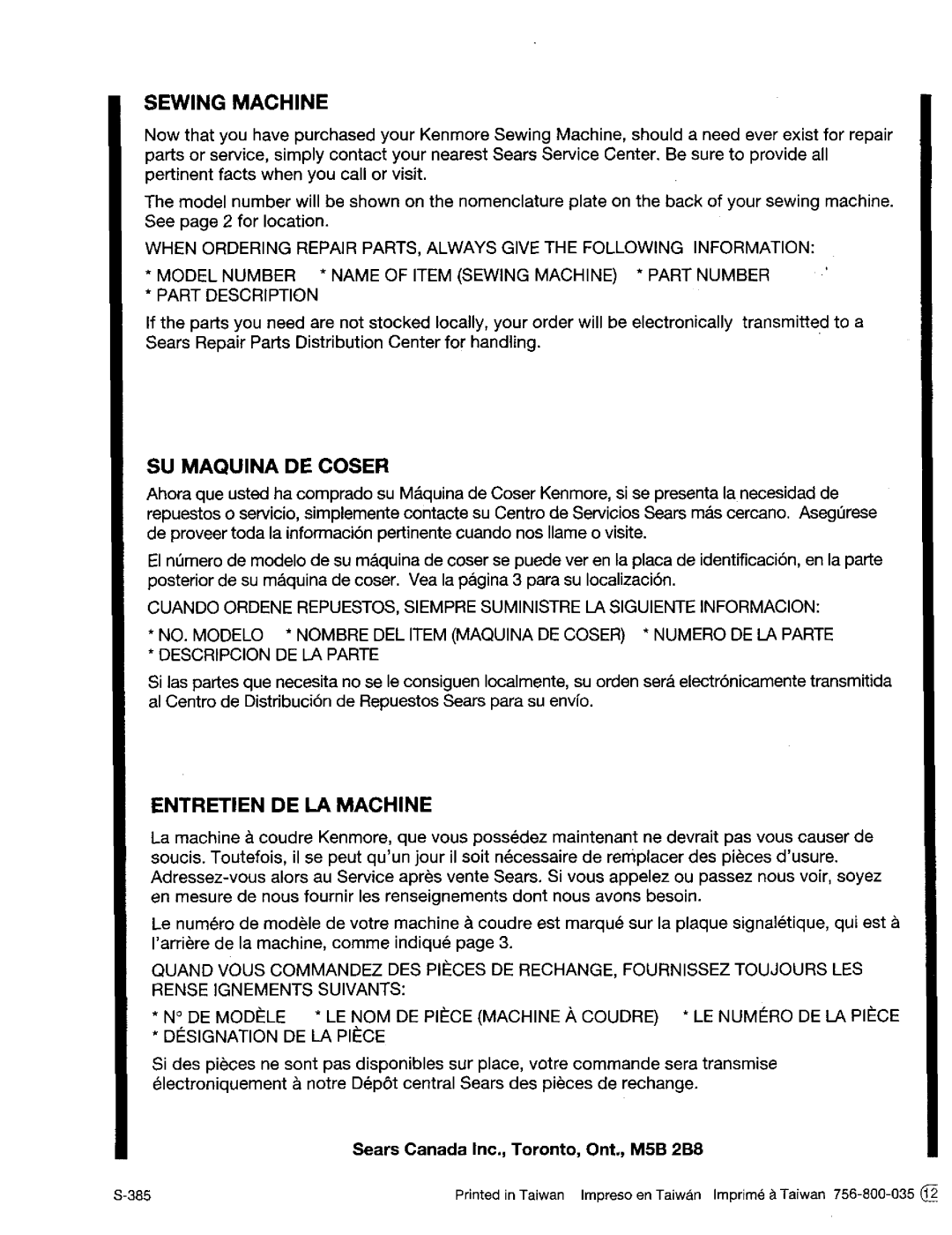 Kenmore 385. 17620, 385. 17624 owner manual Sewing Machine, Sears Canada Inc., Toronto, Ont., M5B 2B8 