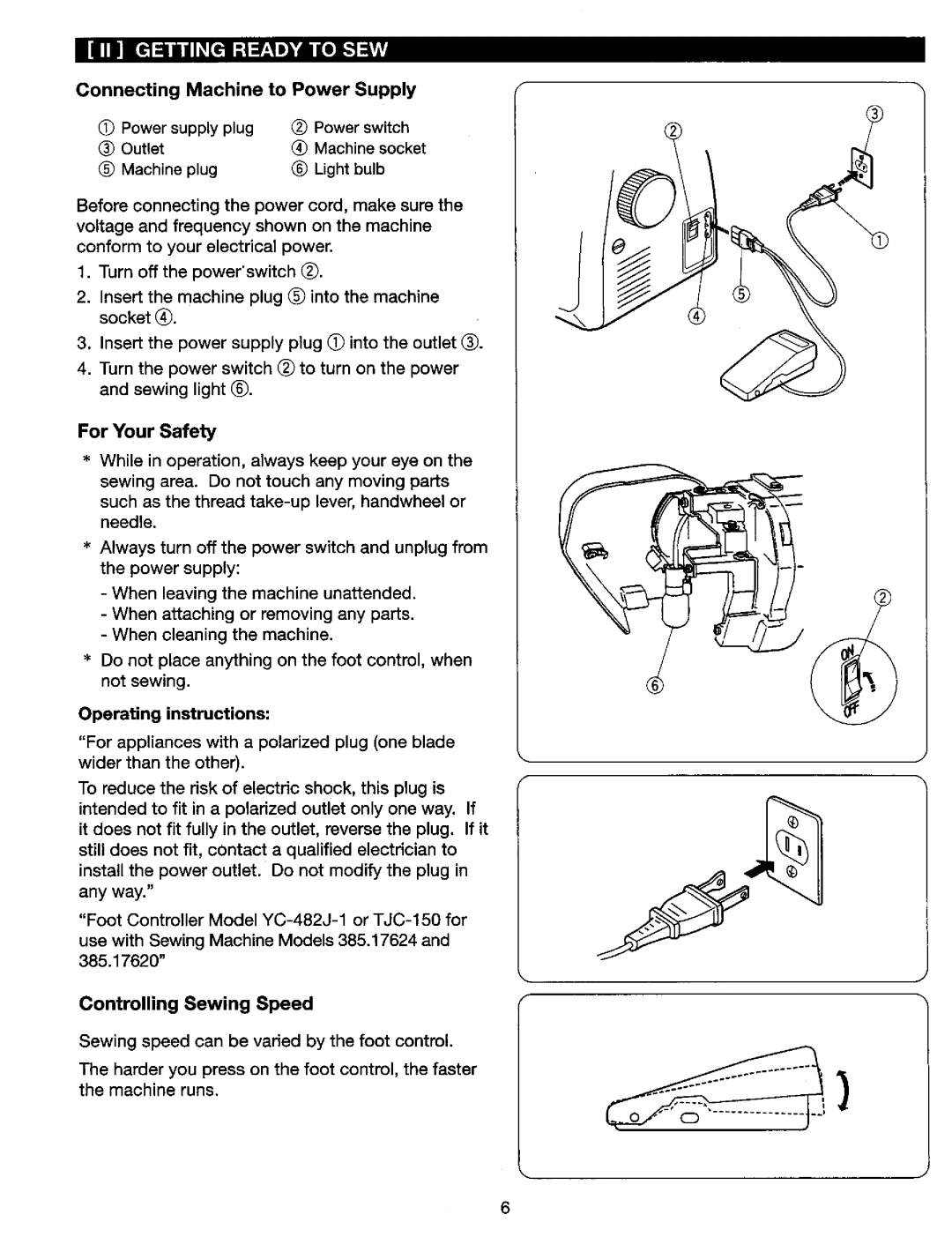 Kenmore 385. 17624 Connecting Machine to Power Supply, Power switch Machine socket Light bulb, Controlling Sewing Speed 