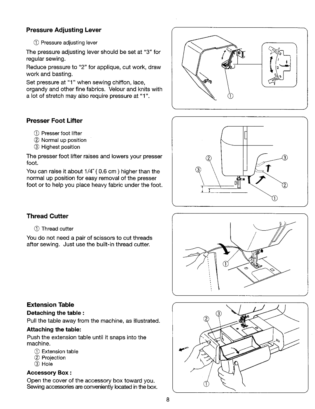 Kenmore 385. 17624, 385. 17620 owner manual Pressure Adjusting Lever, Presser Foot Lifter, Thread Cutter 