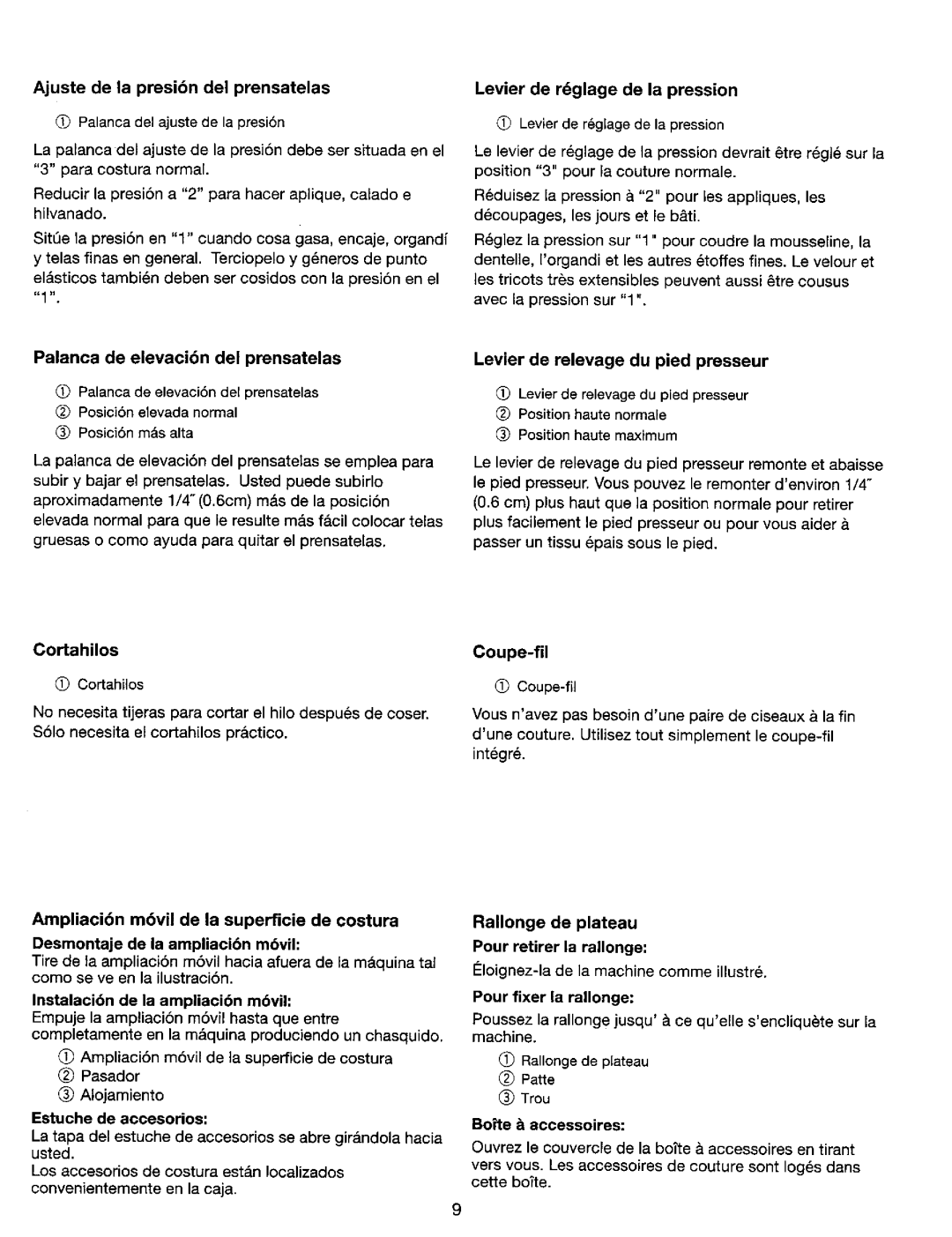 Kenmore 385. 17620 Ajuste de la presibn del prensatelas, Palanca de elevaci6n del prensatelas, Cortahilos, Coupe-fil 