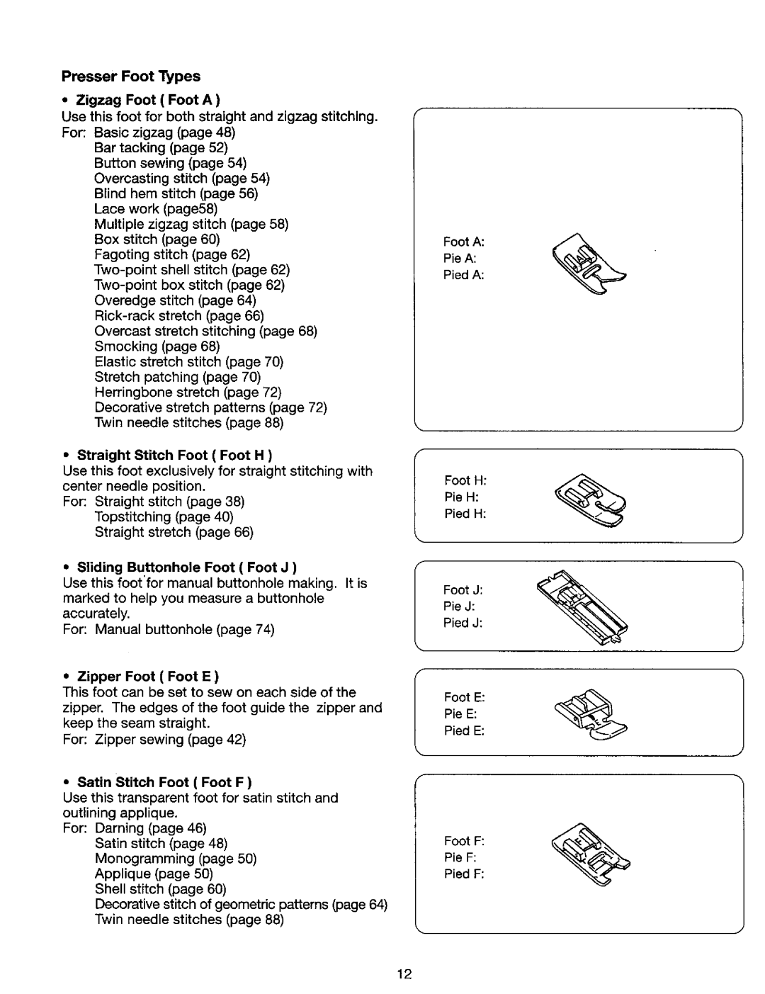 Kenmore 385. 17624, 385. 17620 owner manual Presser Foot Types 