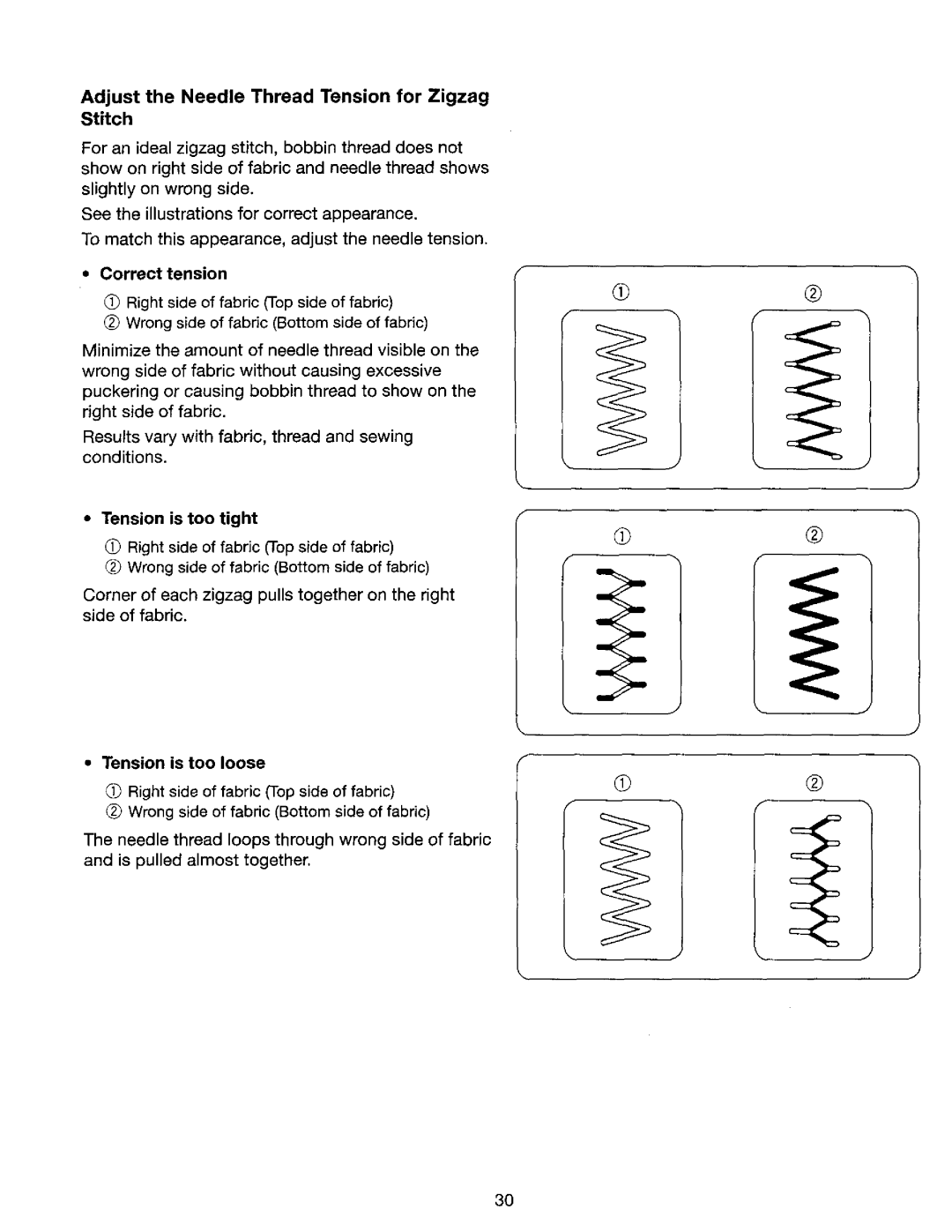 Kenmore 385. 17624, 385. 17620 owner manual Adjust the Needle Thread Tension for Zigzag Stitch, Correct tension 