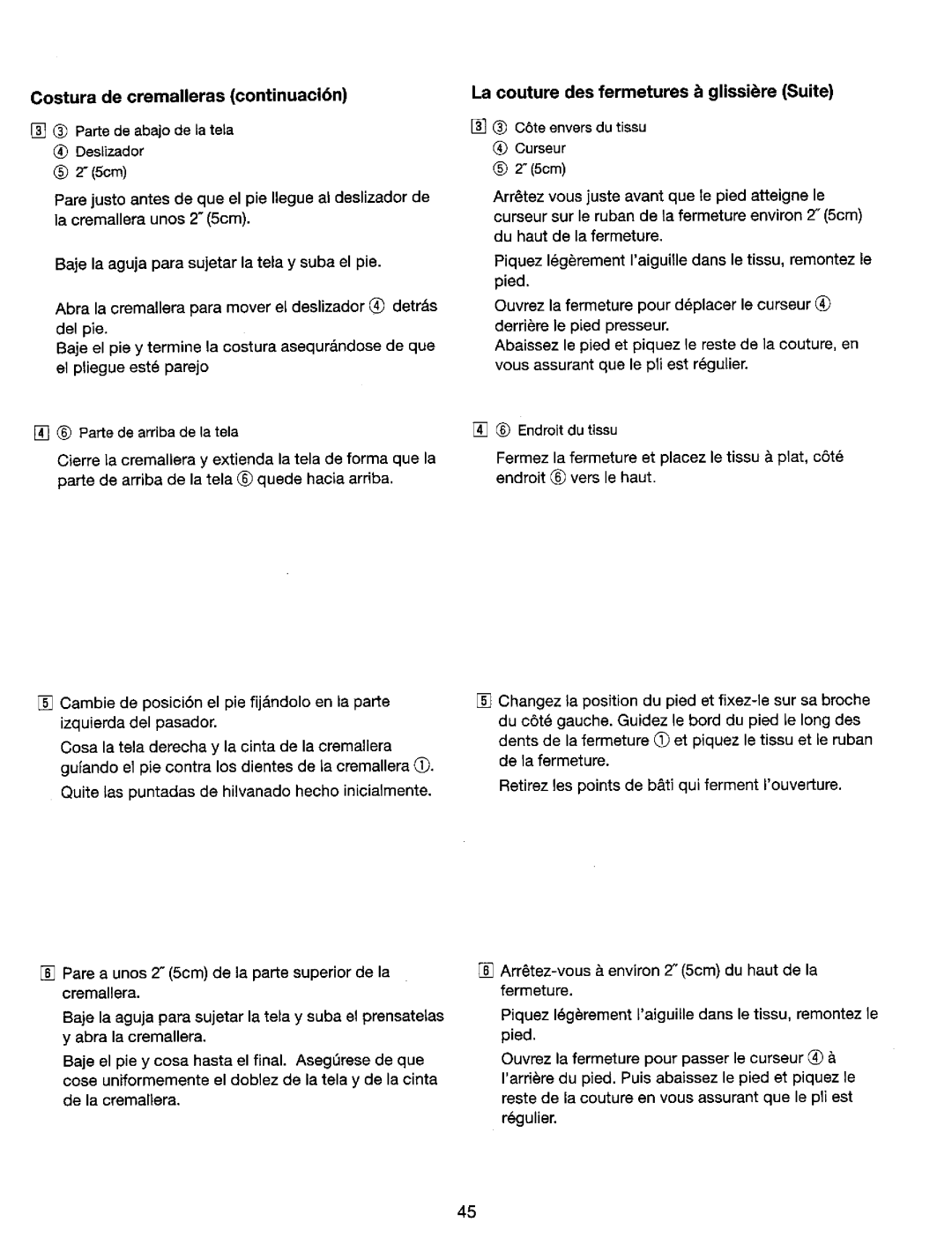 Kenmore 385. 17620, 385. 17624 owner manual Costura de cremalleras continuacibn, La couture des fermetures & glissire Suite 