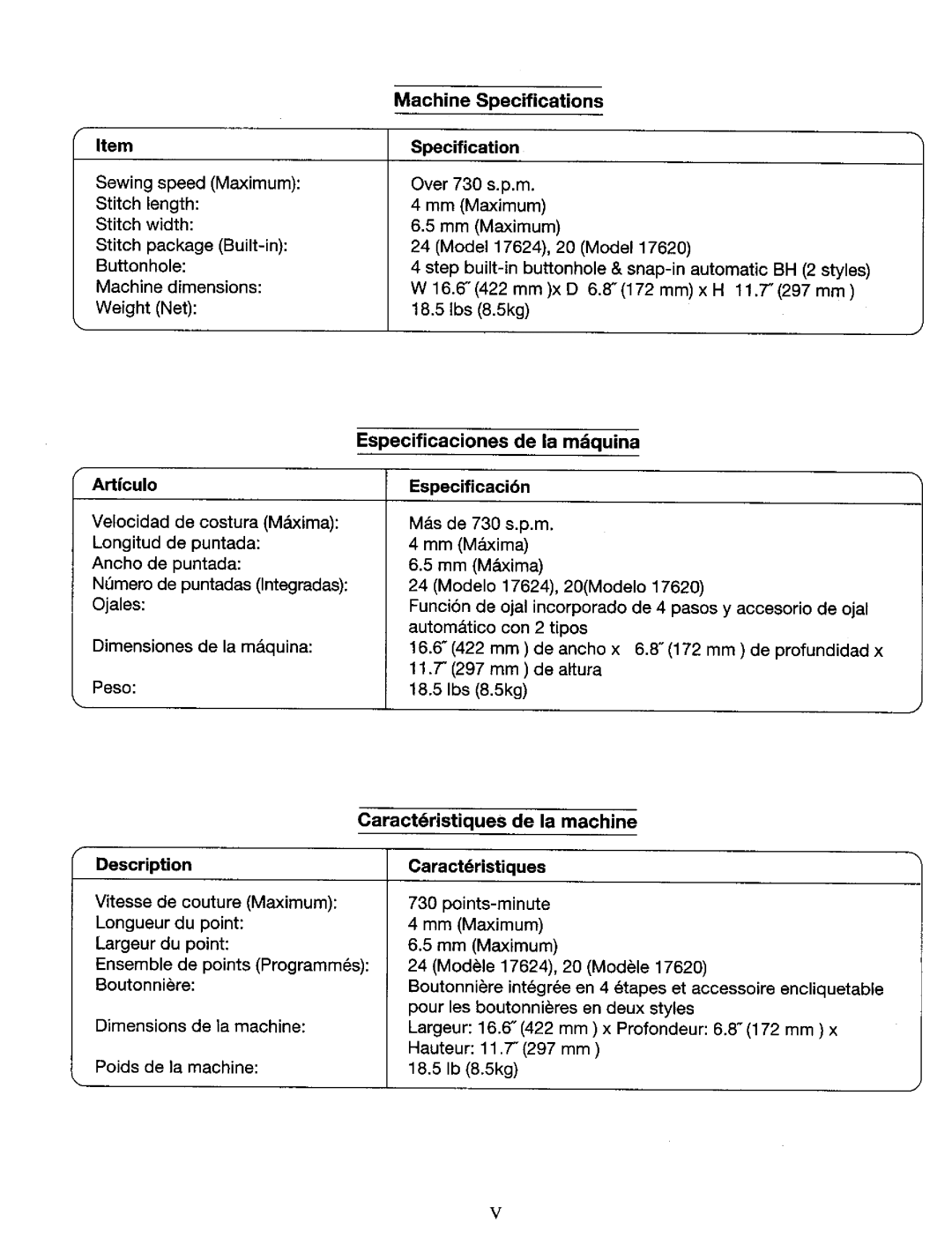 Kenmore 385. 17624, 385. 17620 Machine Specifications, Especificaciones de la mdquina, Caract6ristiques de la machine 