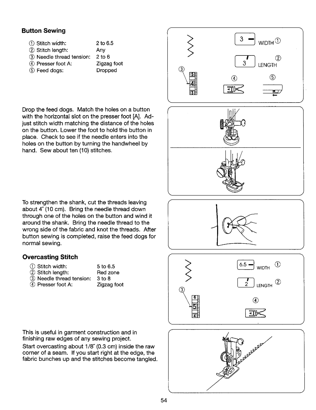 Kenmore 385. 17624, 385. 17620 owner manual Button Sewing, Overcasting Stitch 