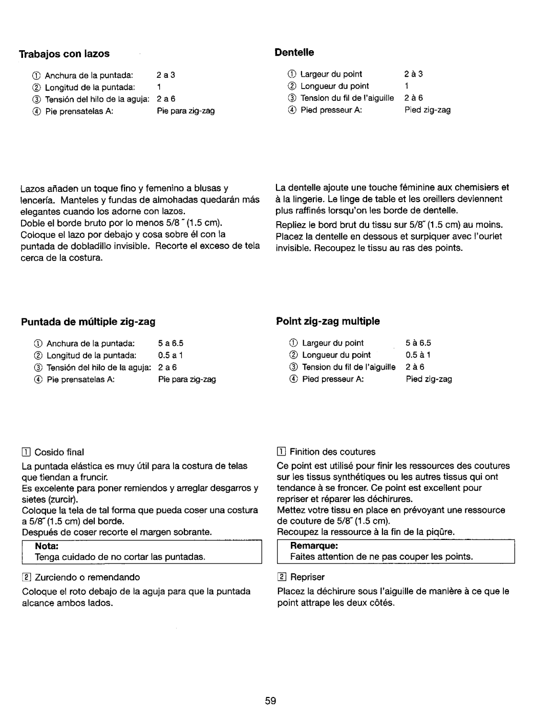 Kenmore 385. 17620, 385. 17624 owner manual Trabajos con lazos Dentelle, Puntada de m,ltiple zig-zag, Point zig-zag multiple 