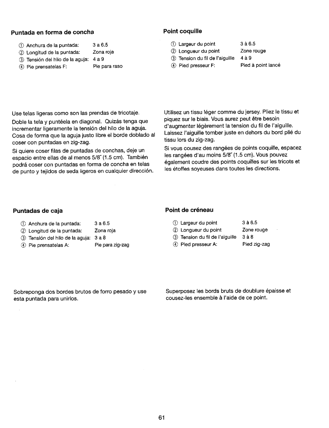 Kenmore 385. 17620, 385. 17624 Puntada Forma Concha Point Coquille, Puntadas De caja, Point De crdneau, Para unirlos 