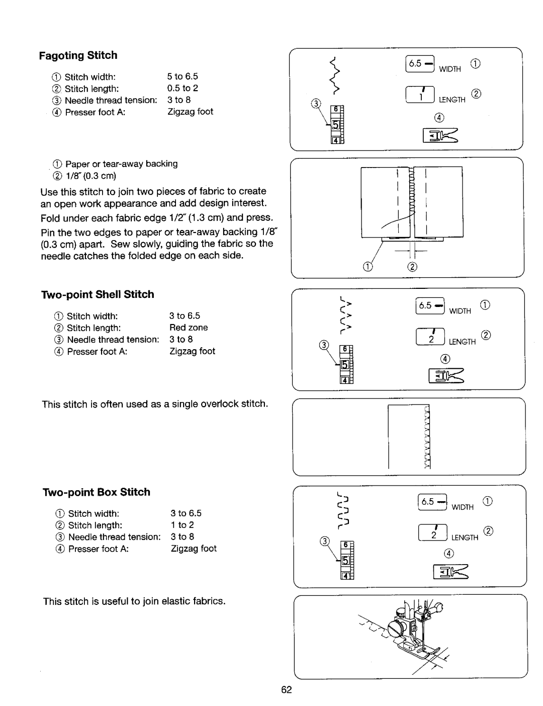 Kenmore 385. 17624, 385. 17620 owner manual Fagoting Stitch, Two-point Shell Stitch, Two-point Box Stitch 