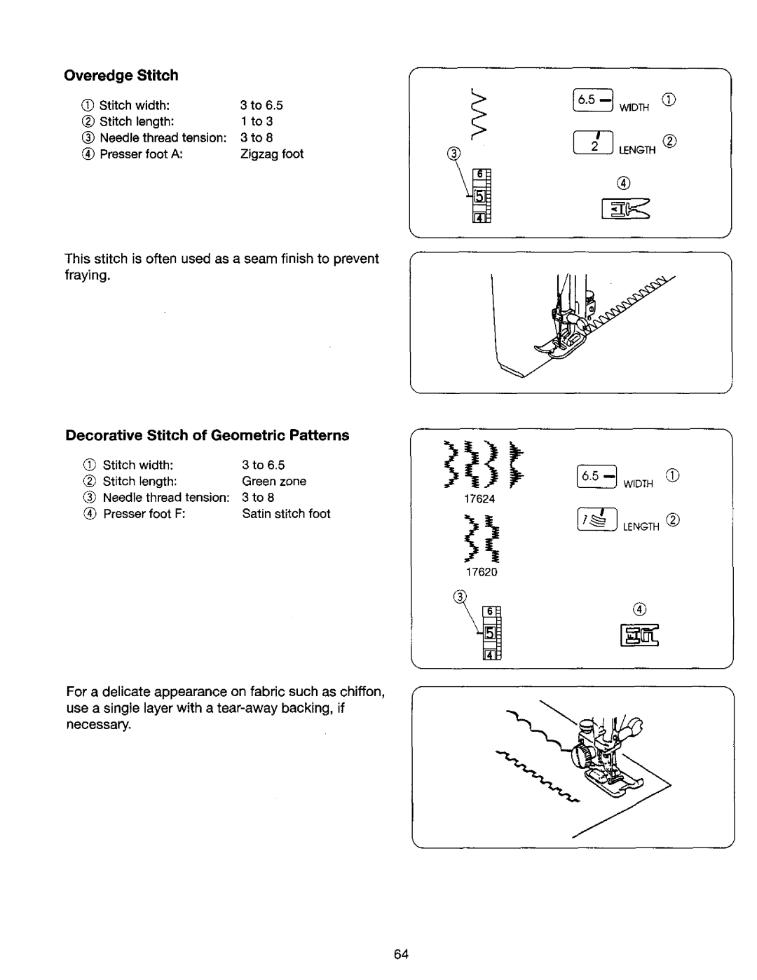 Kenmore 385. 17624, 385. 17620 owner manual Decorative Stitch of Geometric Patterns, Presser foot a Zigzag foot 