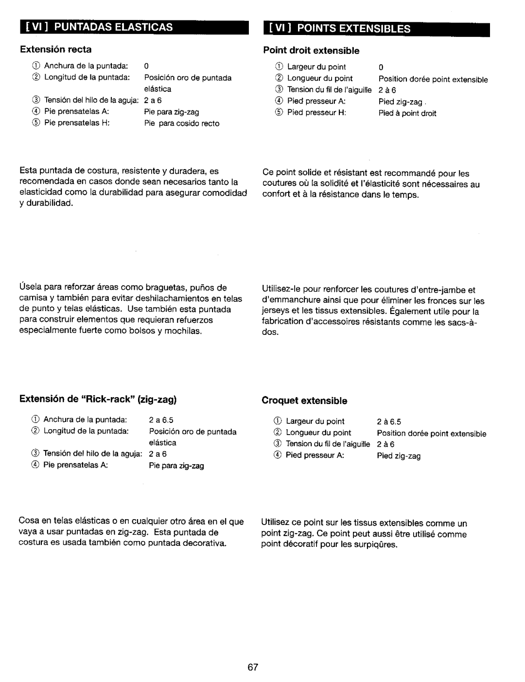 Kenmore 385. 17620, 385. 17624 owner manual Point Droit Extensible, Extensibn de Rick-rackzig-zag, Croquet Extensible 