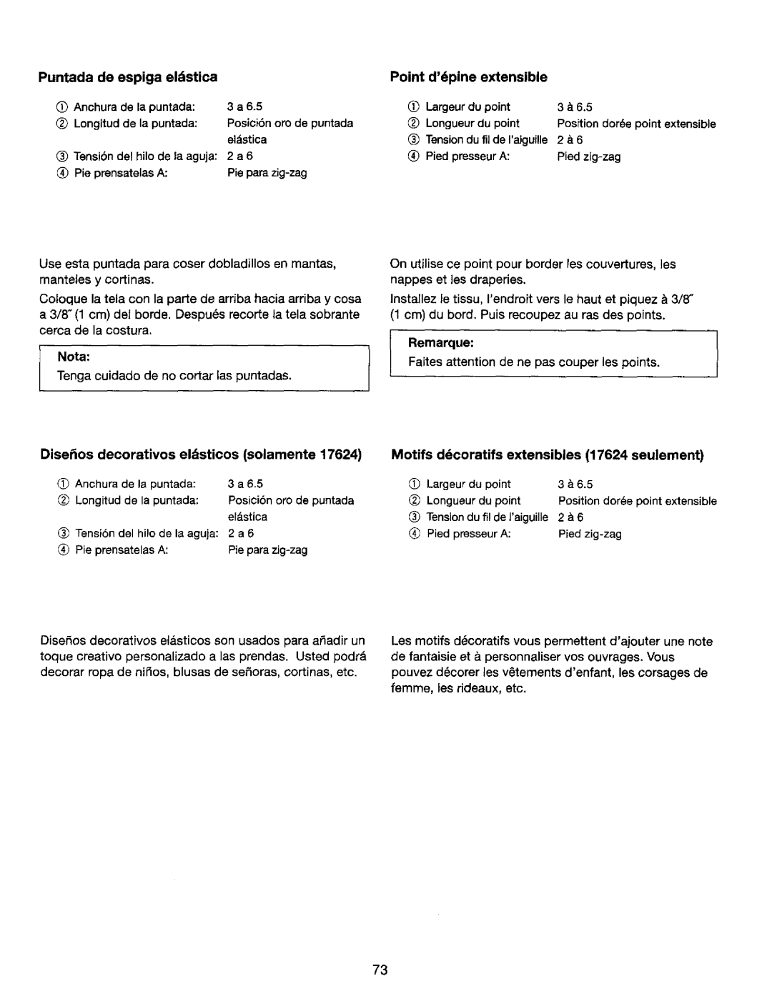 Kenmore 385. 17620, 385. 17624 owner manual Puntada De espiga eldstica 