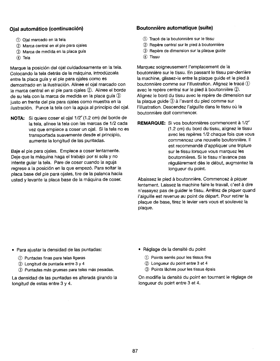 Kenmore 385. 17620, 385. 17624 owner manual Ojal automdtico continuacibn, Boutonnibre automatique suite 