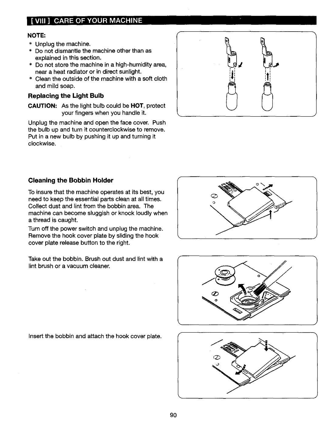 Kenmore 385. 17624, 385. 17620 owner manual Replacing the Light Bulb, Cleaning the Bobbin Holder 