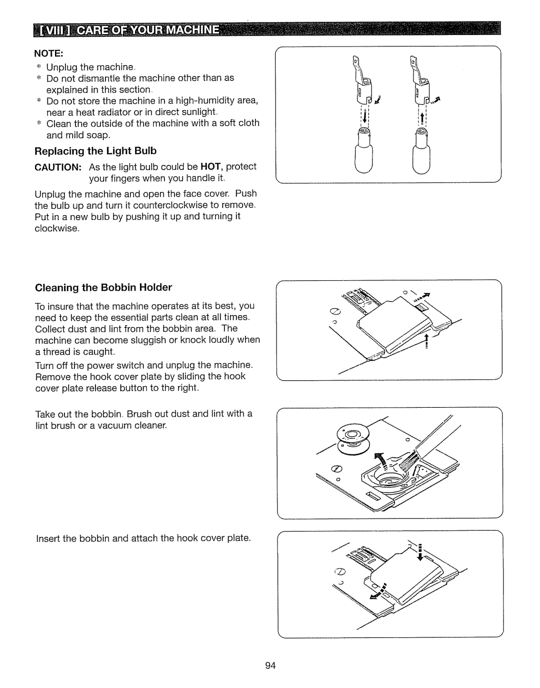 Kenmore 385. 17630 owner manual Cleaning the Bobbin Holder, Replacing the Light Bulb 