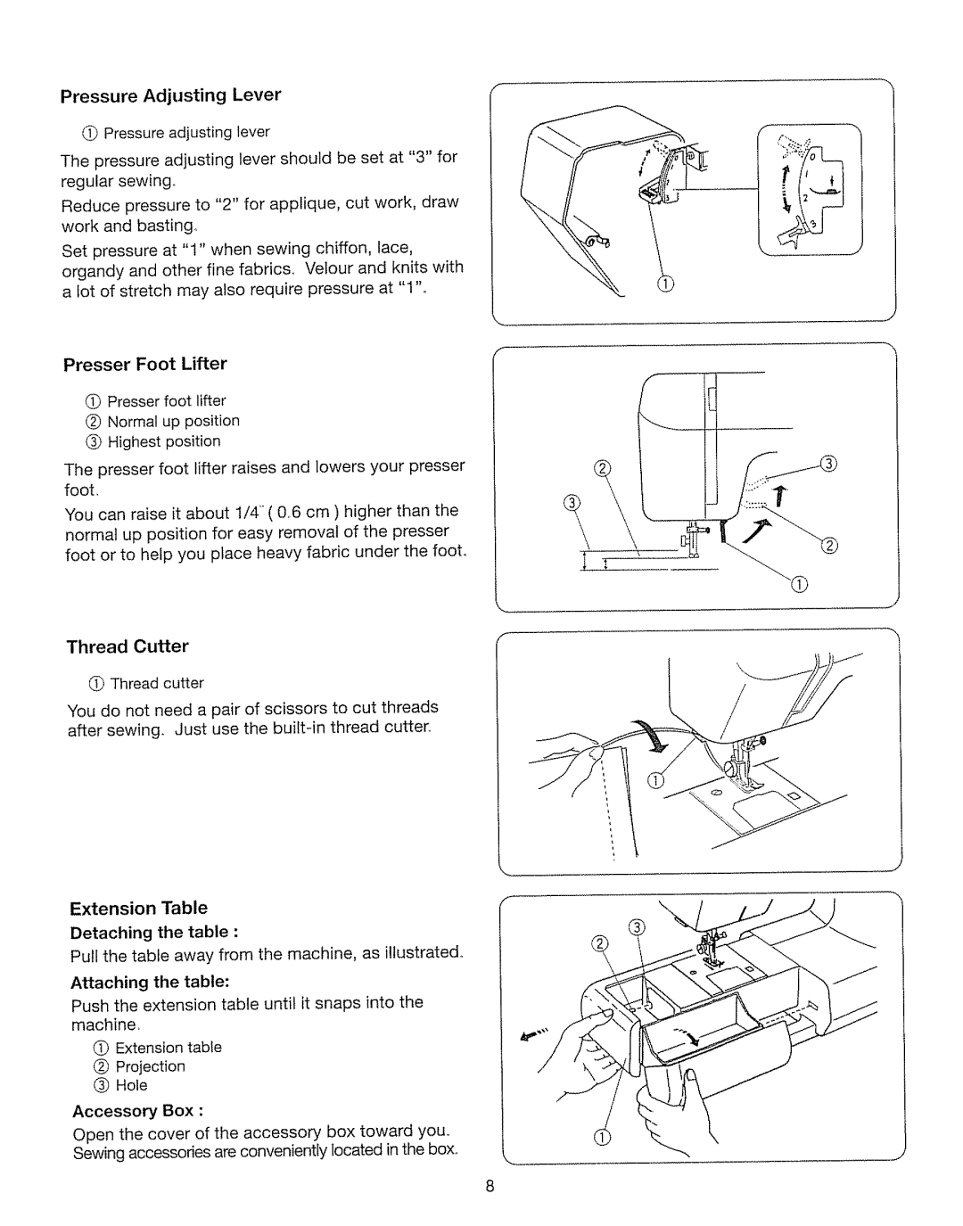 Kenmore 385. 17630 owner manual Presser Foot Lifter, Thread Cutter, Extension Table Detaching the table 