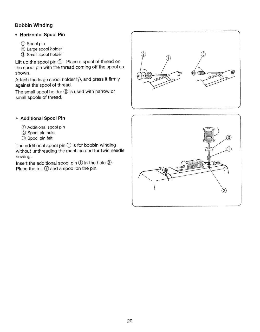 Kenmore 385. 17630 owner manual Bobbin Winding, Horizontal Spool Pin, Additional Spool Pin 