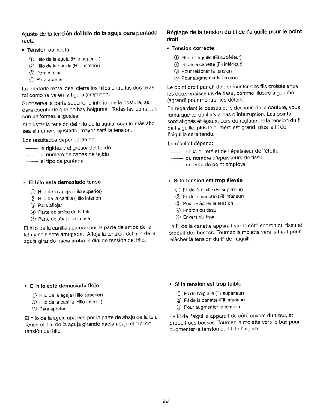 Kenmore 385. 17630 owner manual Rglage de la tension du fil de laiguillepour le point droit, Tension correcte 