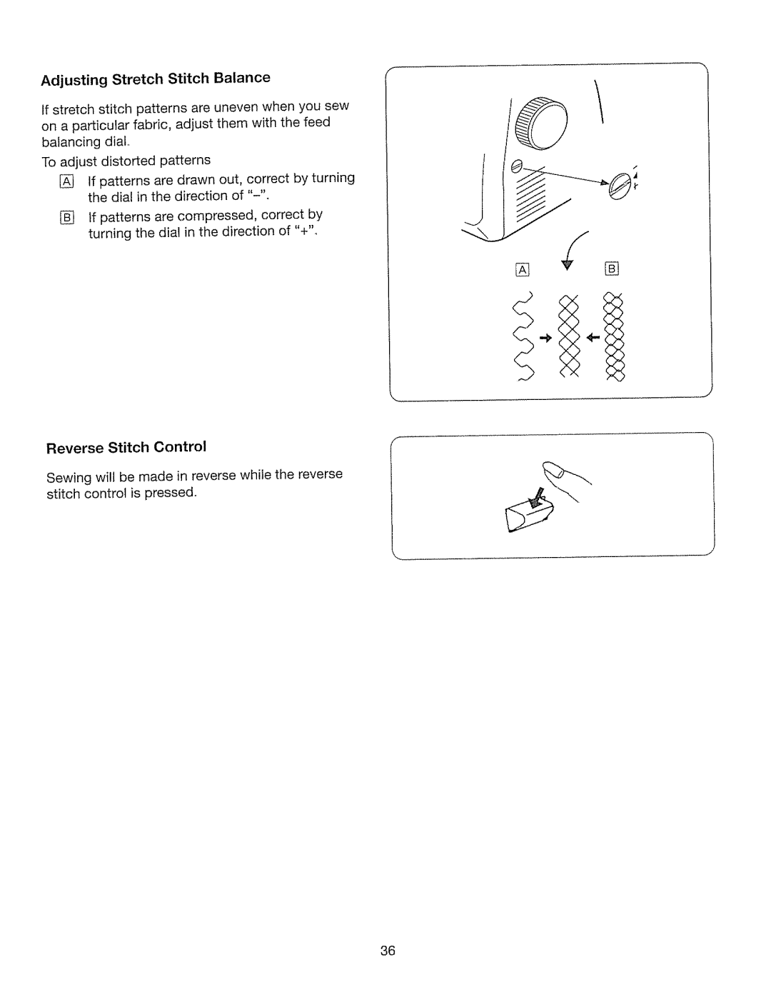 Kenmore 385. 17630 owner manual Adjusting Stretch Stitch Balance, Reverse Stitch Control 