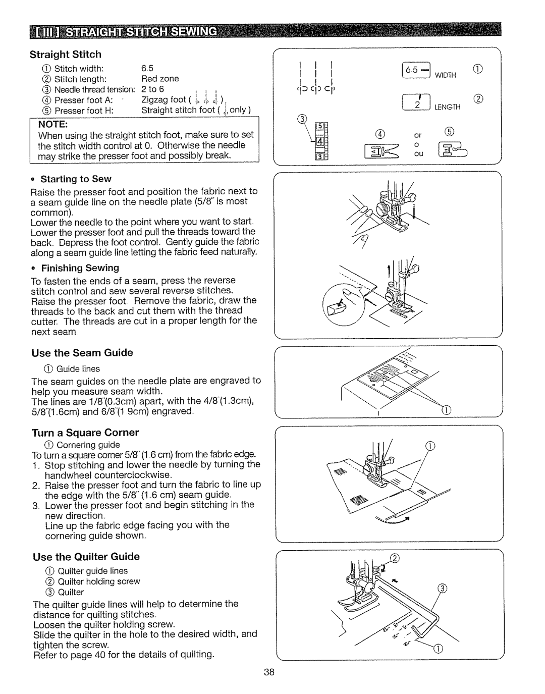 Kenmore 385. 17630 Use the Quilter Guide, ID cI el, Next seam, Use the Seam Guide, Turn a Square Corner O Cornering guide 