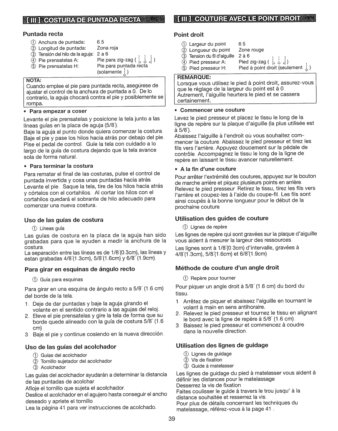 Kenmore 385. 17630 owner manual Puntada recta, Zone rouge, 2fl6, Utilisation des lignes de guidage 