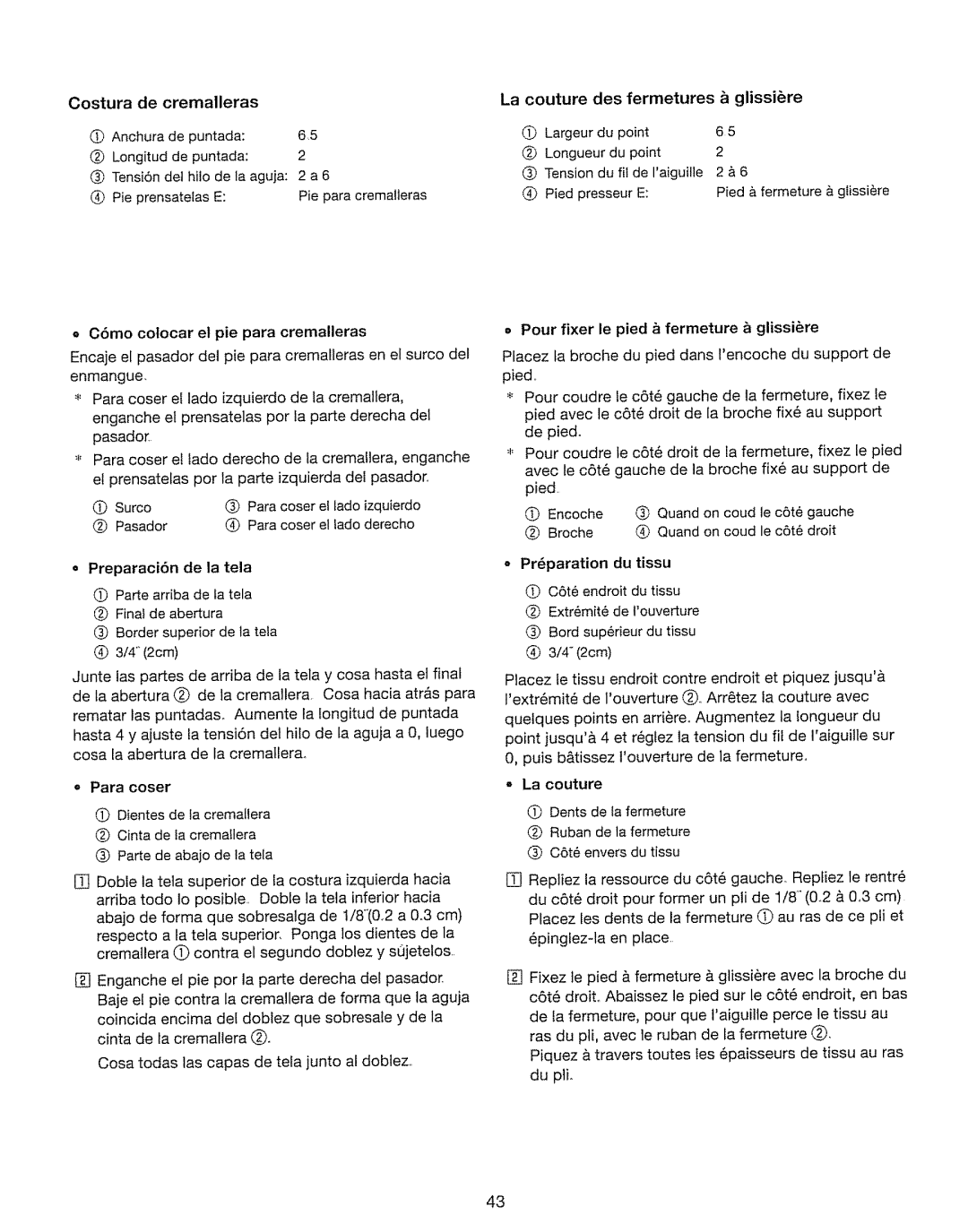 Kenmore 385. 17630 owner manual Costura de Cremalleras 