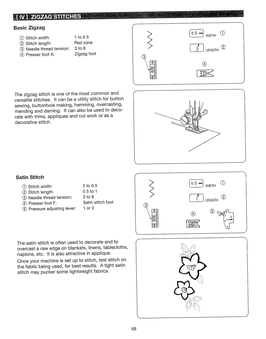 Kenmore 385. 17630 owner manual Basic Zigzag, Satin Stitch 