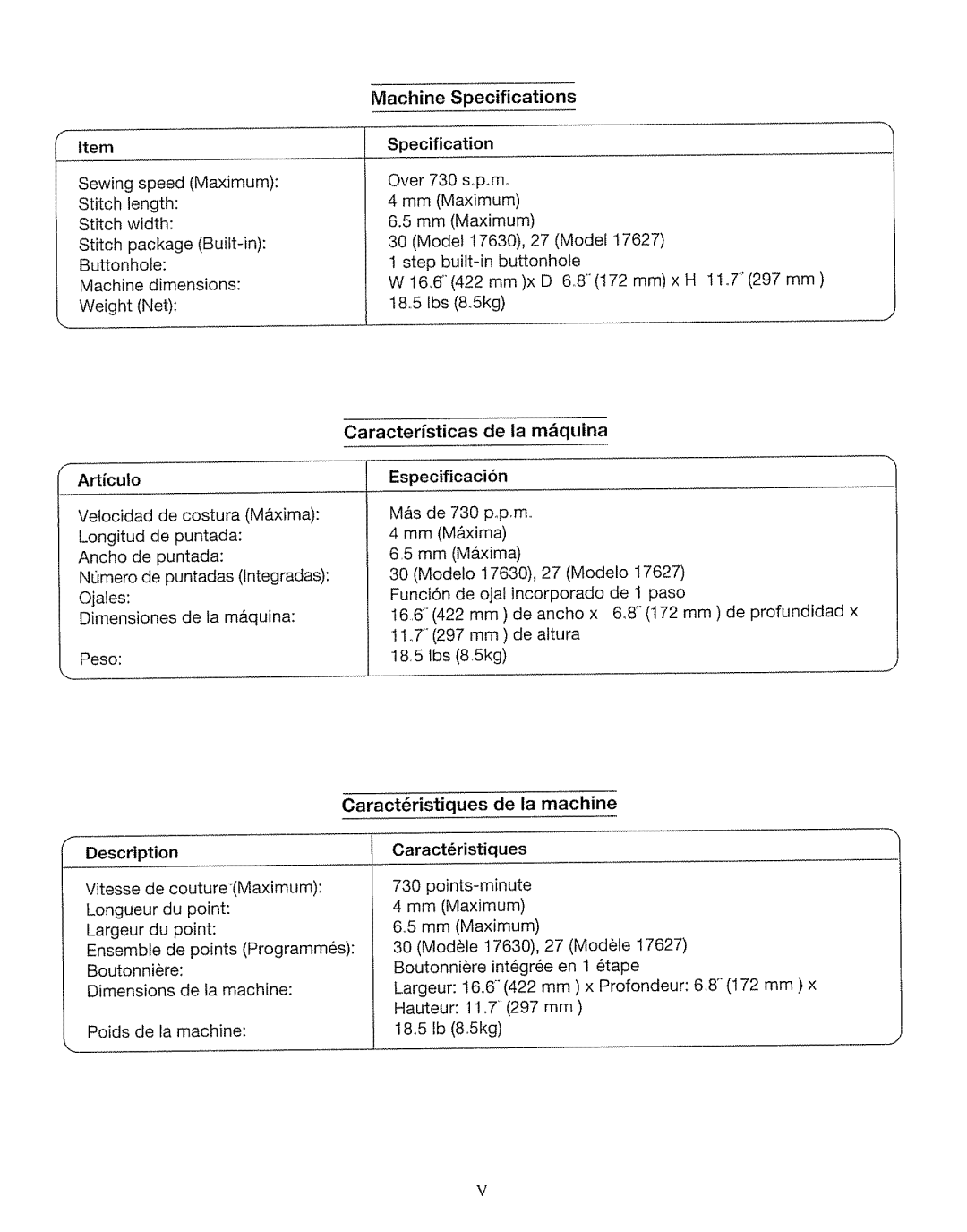 Kenmore 385. 17630 owner manual Caracteristicas de la m&quina, Caractristiques De la machine, Description 