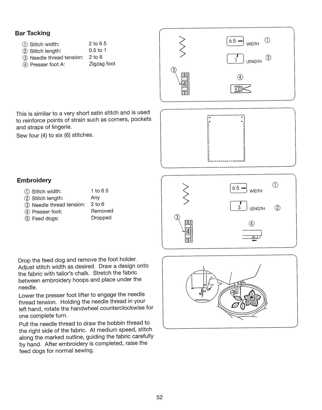 Kenmore 385. 17630 owner manual Bar Tacking, Embroidery, Stitch Width Length 05 to 