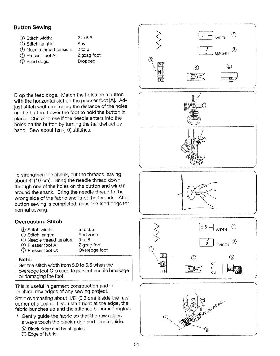 Kenmore 385. 17630 owner manual Button Sewing, Overcasting Stitch, Stitch Width To 6,5 Length Red zone 