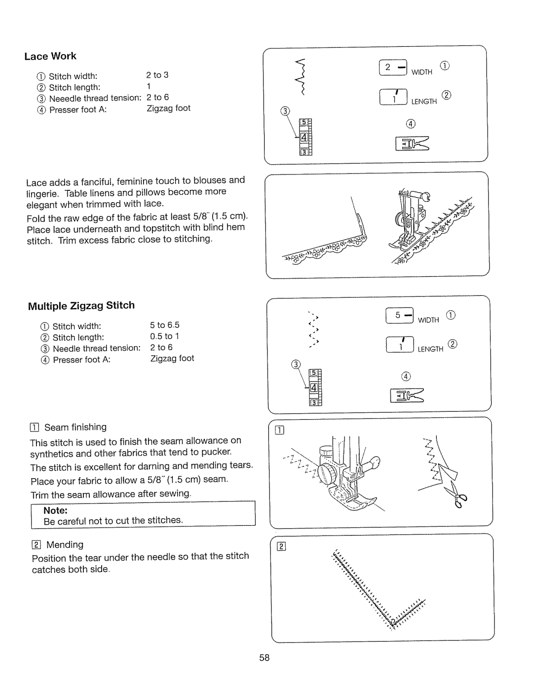 Kenmore 385. 17630 owner manual Multiple Zigzag, Lace, Stitch width Stitch length 05 to Needle 