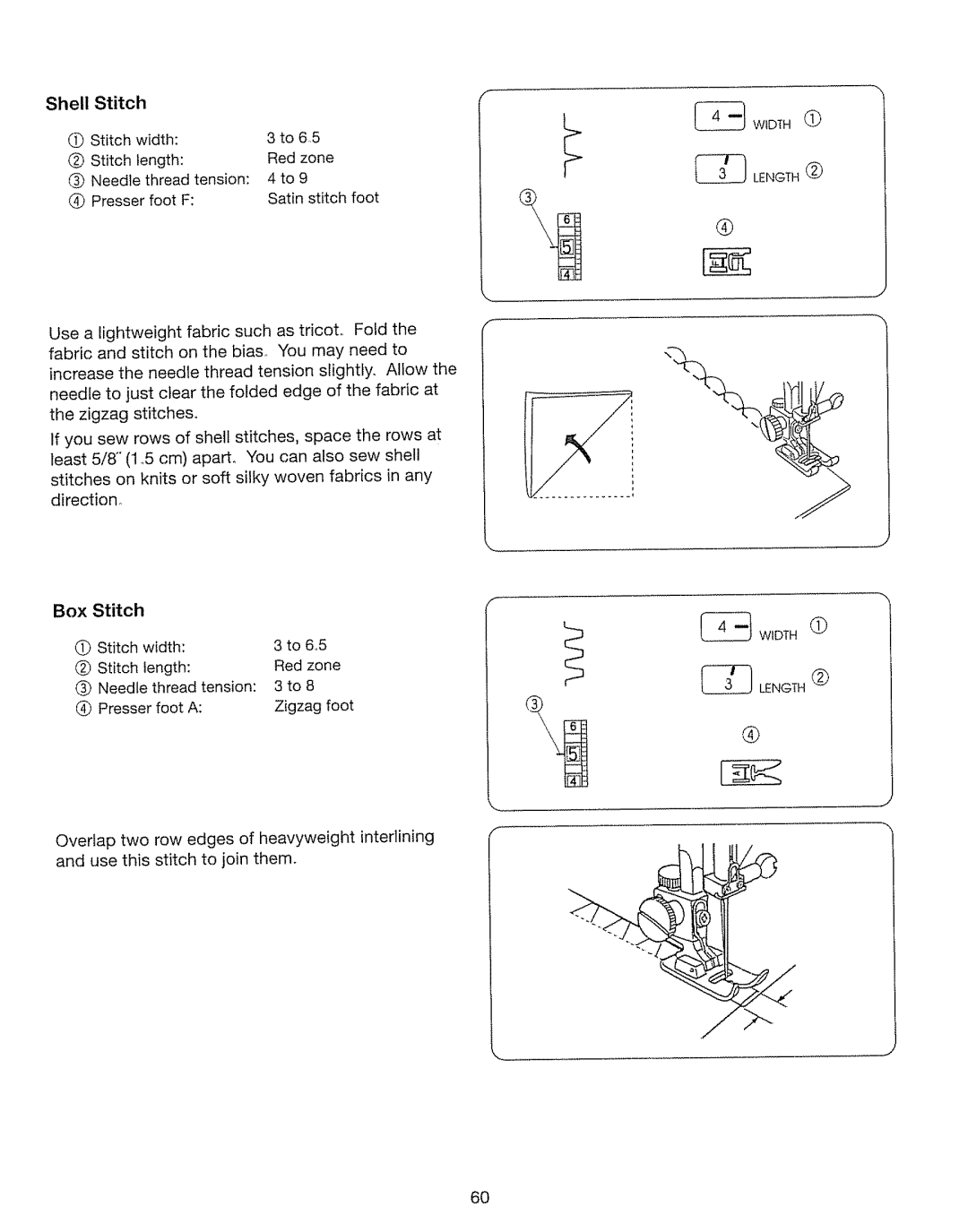 Kenmore 385. 17630 owner manual Shell Stitch, Box, Stitch Width To 6,.5 Length Red zone, To join Them 