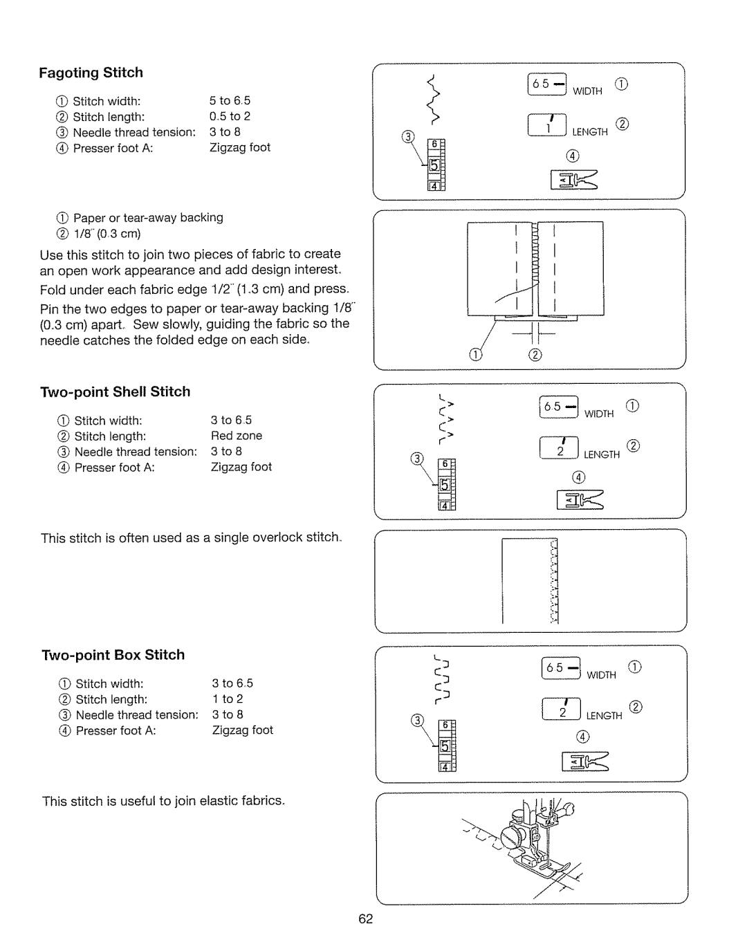 Kenmore 385. 17630 Fagoting Stitch, Two-point Shell Stitch, Two-point Box Stitch, Stitch Width Length Red zone, To2 