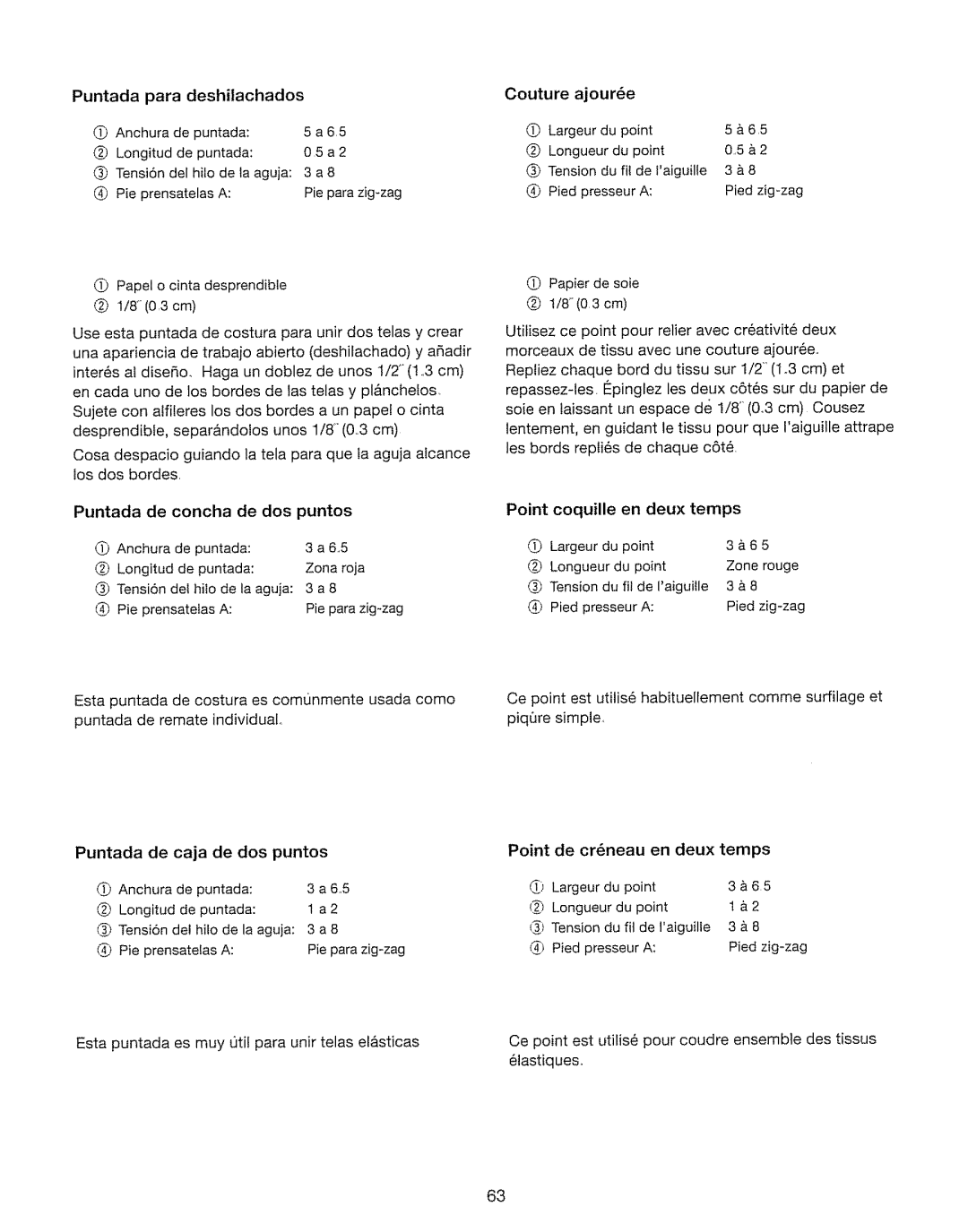 Kenmore 385. 17630 owner manual Puntada para deshilachados, Couture ajour6e, Point coquille en deux temps 