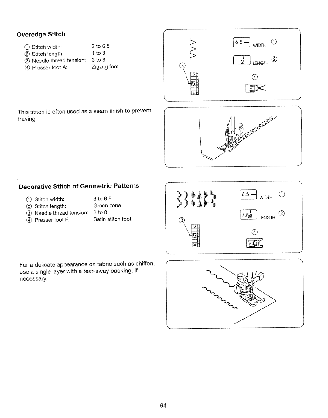 Kenmore 385. 17630 owner manual Overedge Stitch, Decorative Stitch of Geometric Patterns, Stitch Width To 6,5 Length To3 