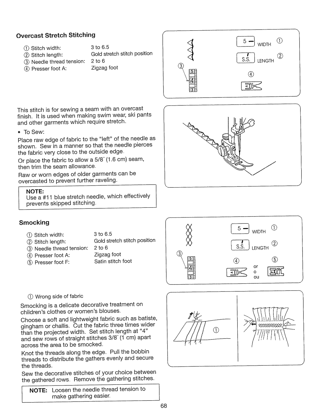 Kenmore 385. 17630 owner manual Overcast Stretch, Stitching, Smocking, Gold stretch stitch position 