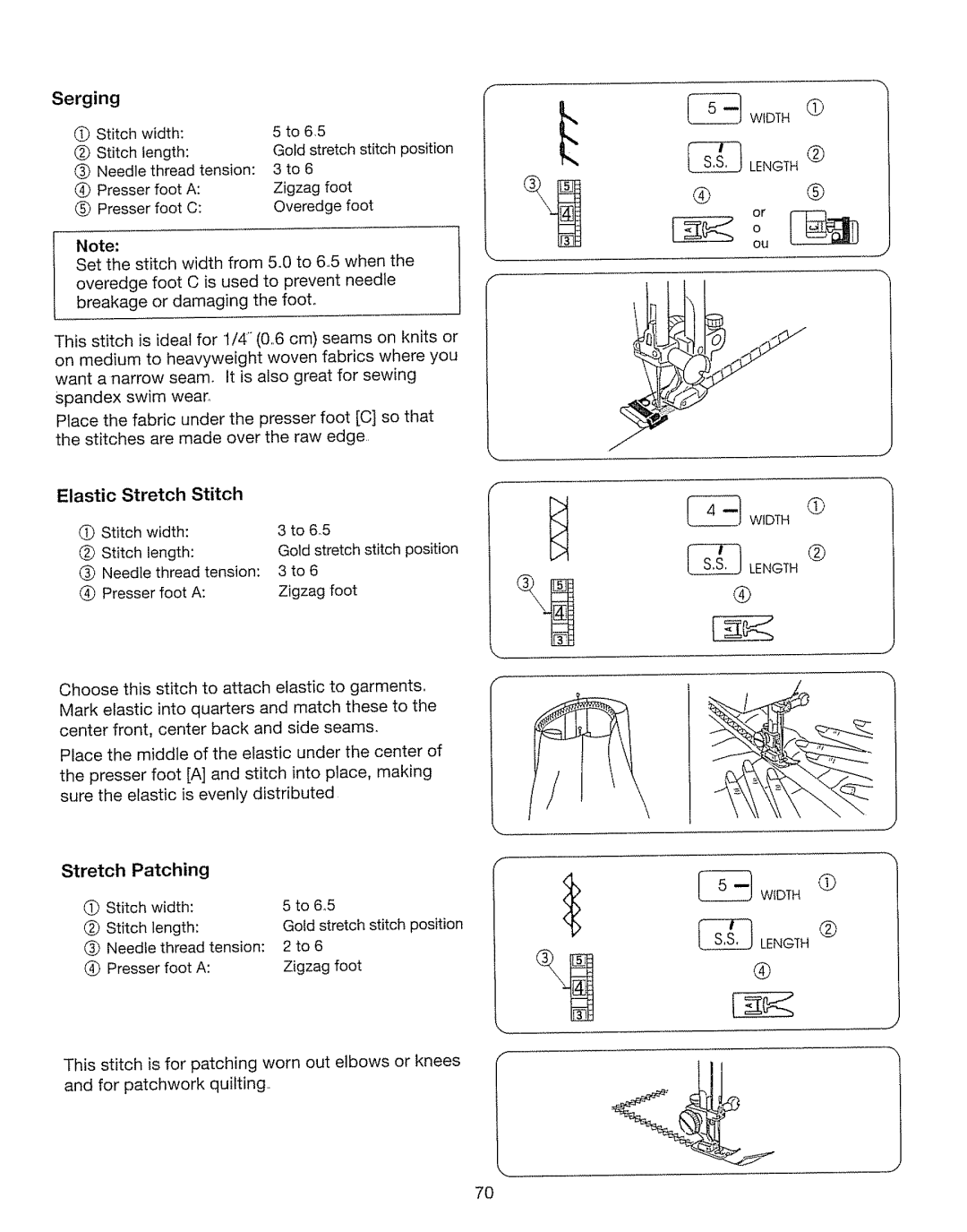 Kenmore 385. 17630 owner manual Serging, Elastic Stretch Stitch, Stretch Patching 