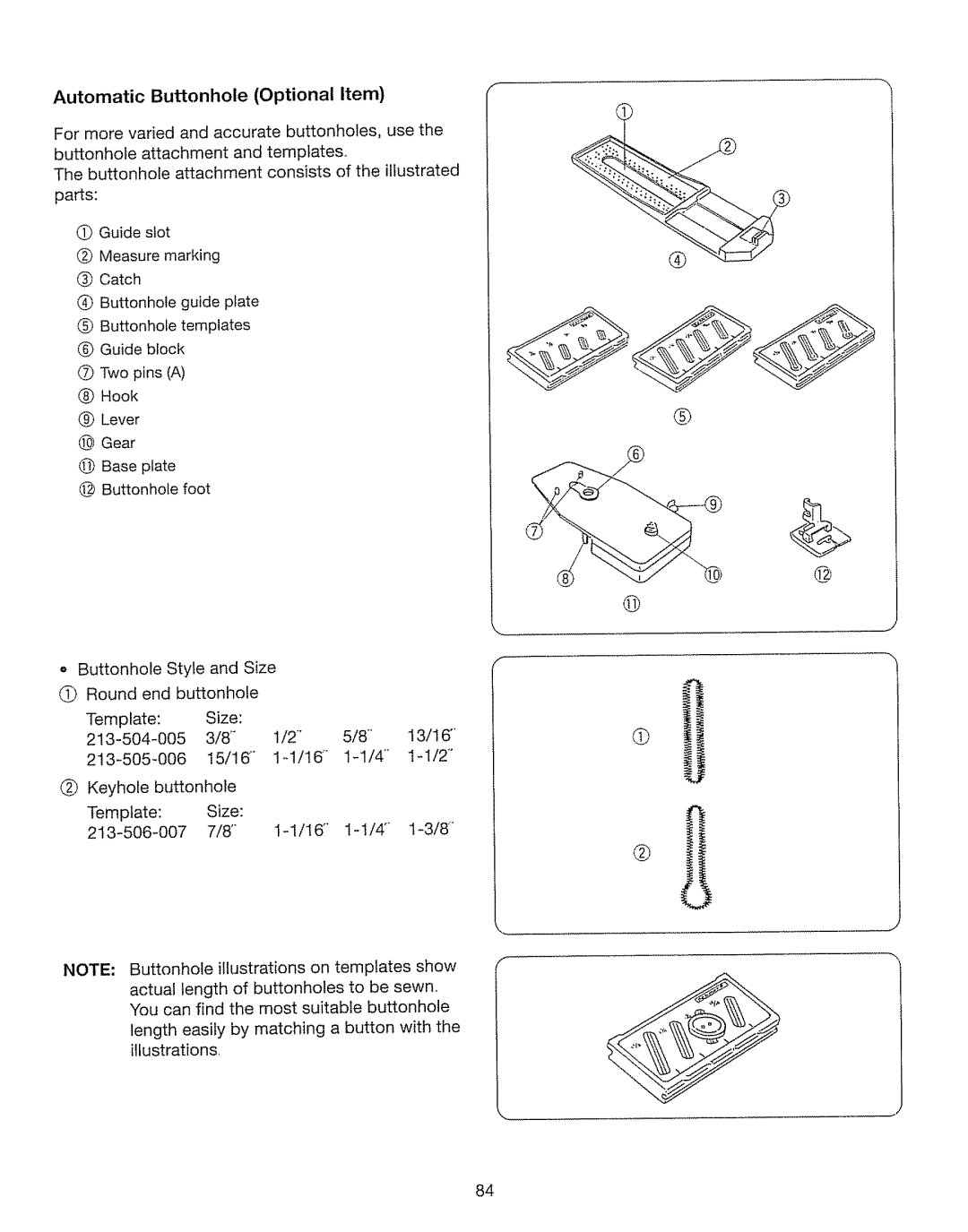 Kenmore 385. 17630 owner manual Automatic Buttonhole Optional item, Hook 