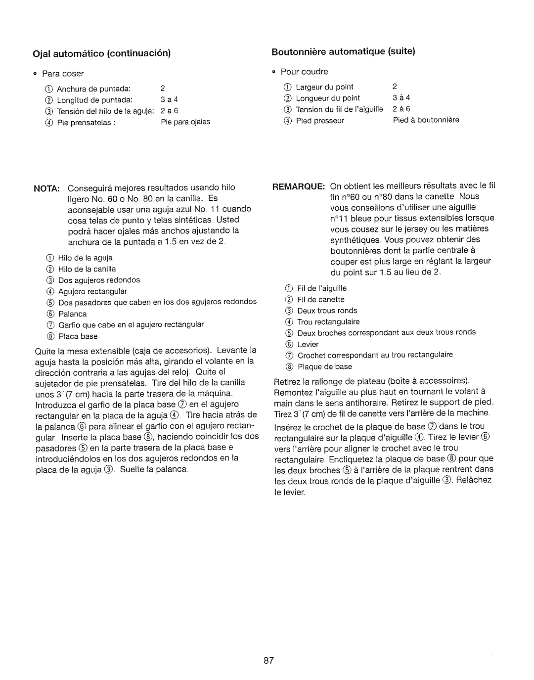 Kenmore 385. 17630 owner manual Ojal autom&tico ContinuaciOn Boutonniere Automatique, Suite, Para coser Pour coudre 