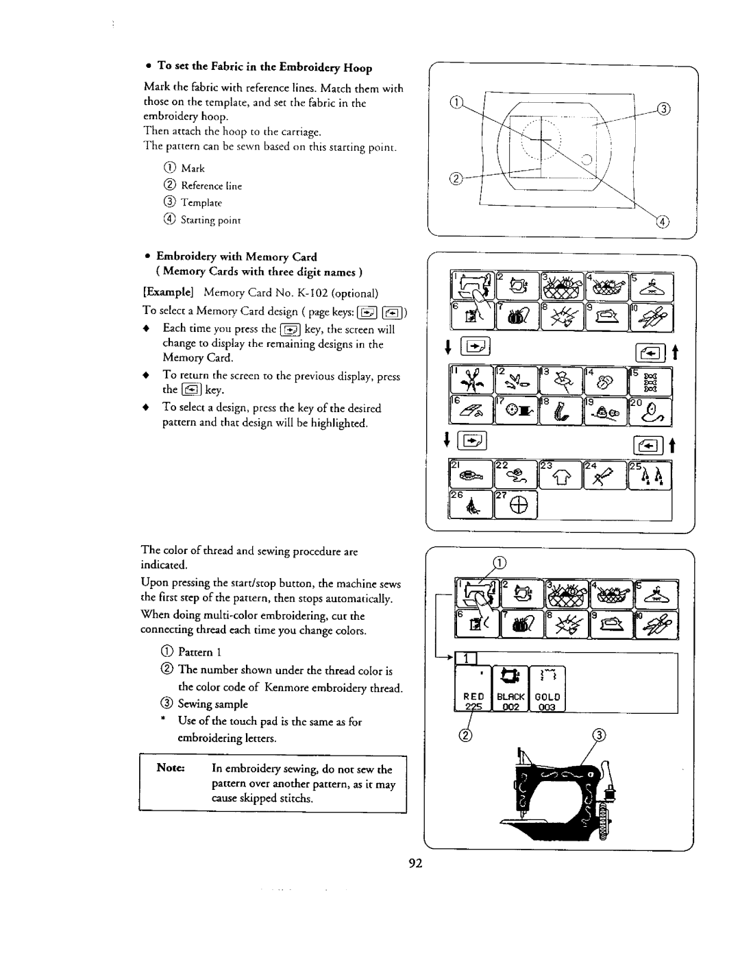 Kenmore 385. 19000 owner manual Color of thread and sewing procedure are indicated 