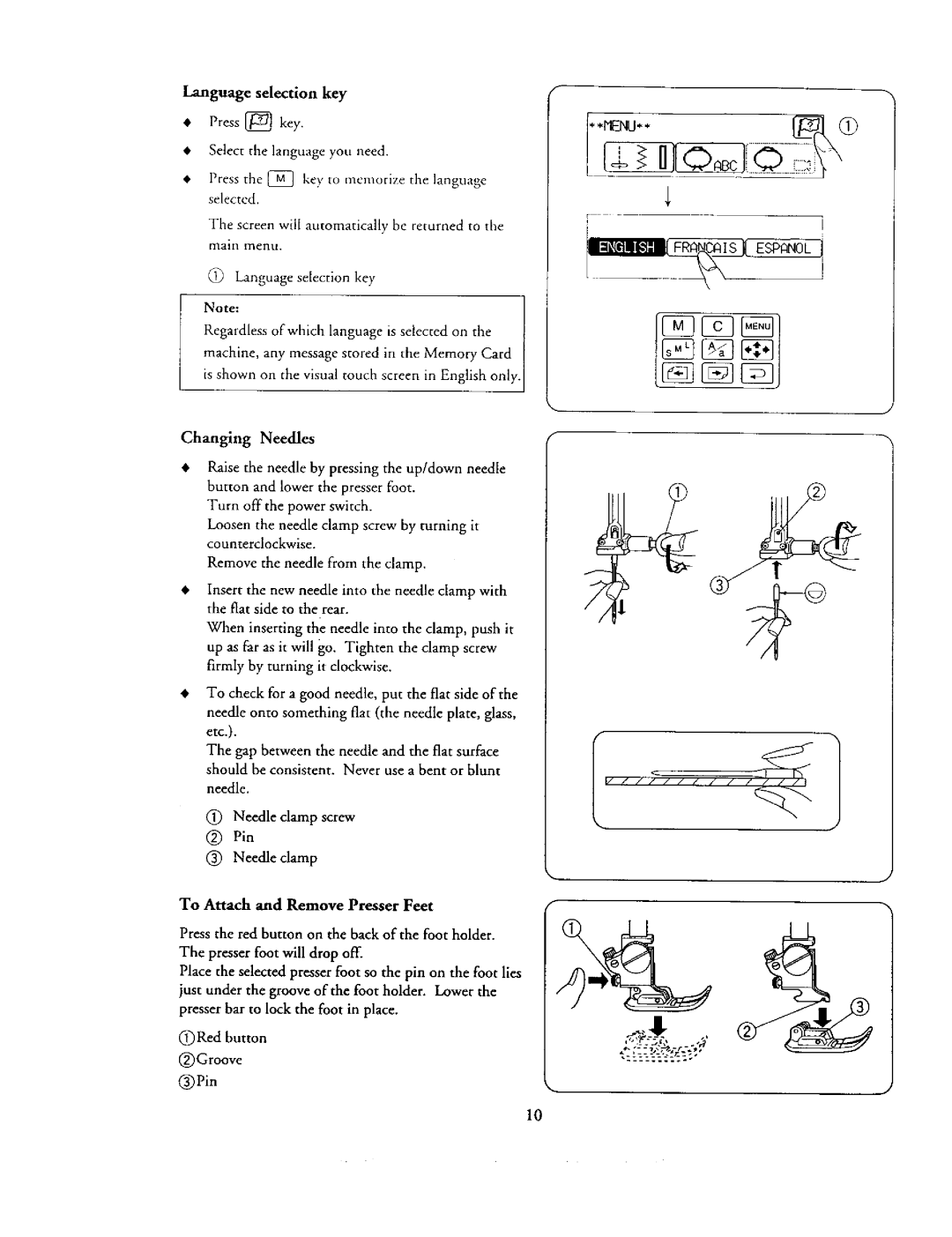 Kenmore 385. 19000 Language selection key, Changing Needles, Needle clamp screw Pin, To Attach and Remove Presser Feet 