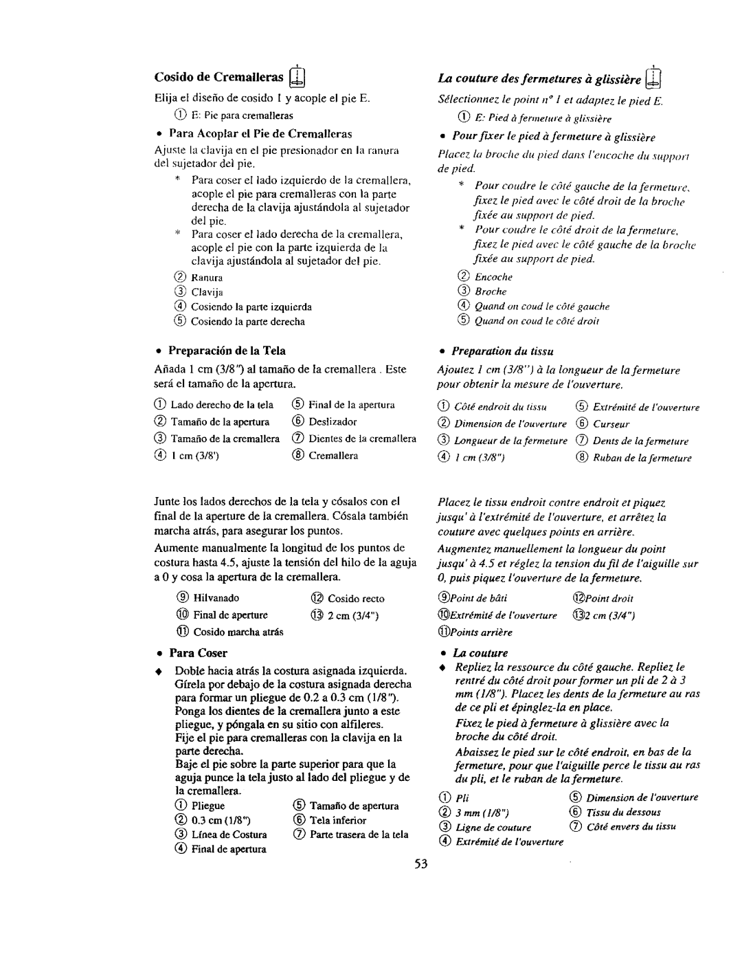 Kenmore 385. 19000 owner manual Cosido de Cremalleras, Tamafiode apertura, La couture des fe rmetures agl sstere 