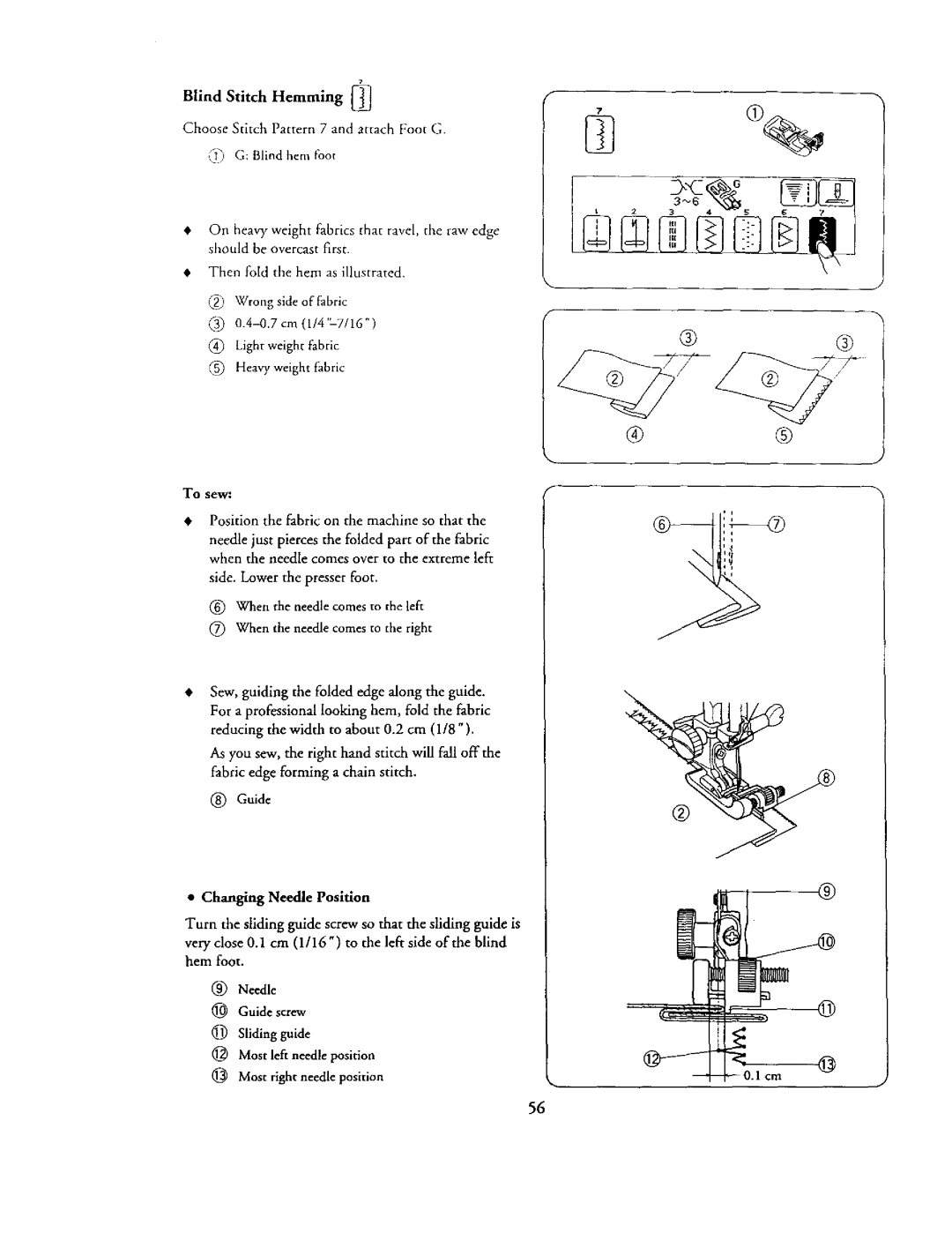 Kenmore 385. 19000 owner manual Changing Needle Position, Blind Stitch Hemming 