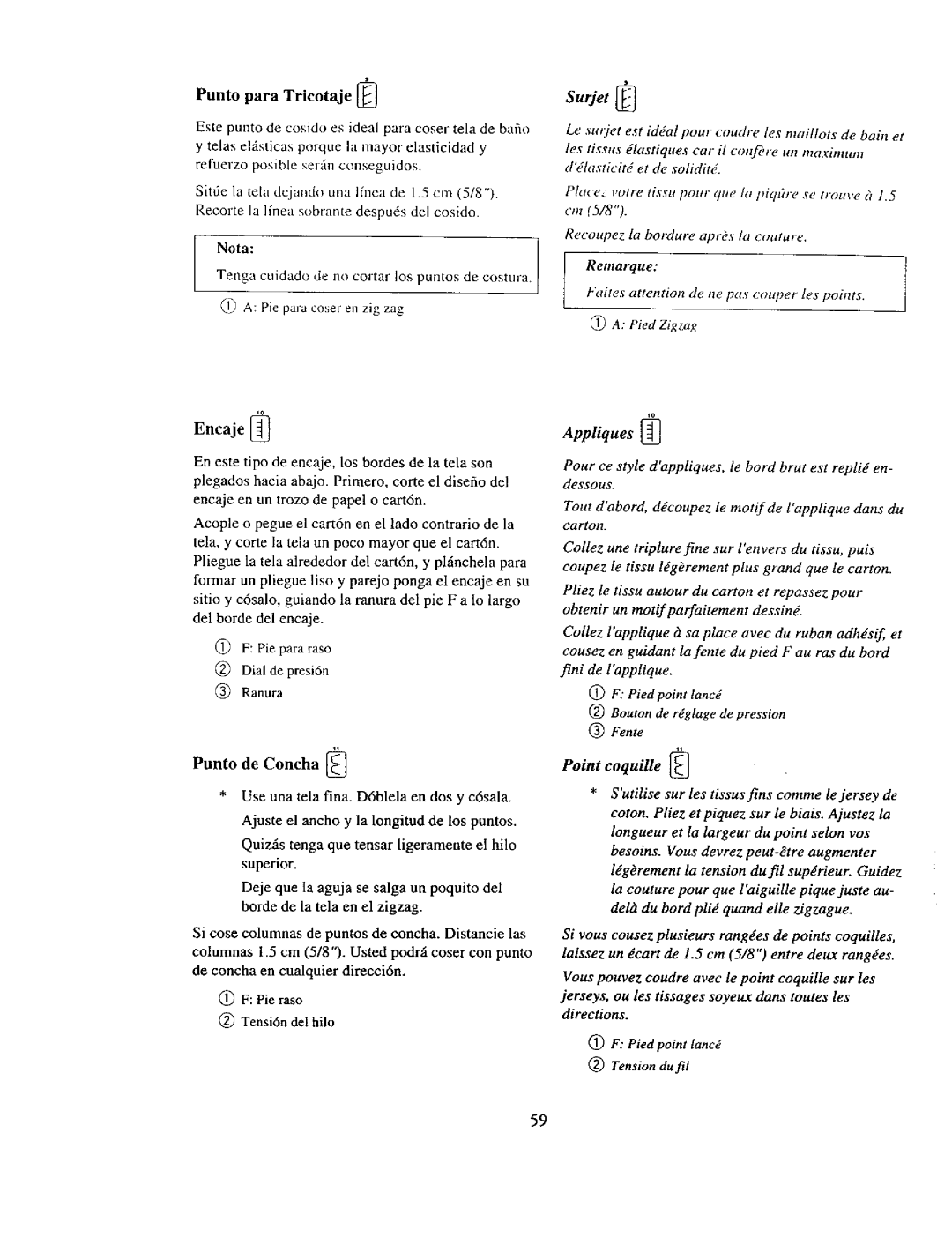 Kenmore 385. 19000 owner manual Punto para Tricotaje, Punto de Concha, Appliques, Point coquille, Surjet 