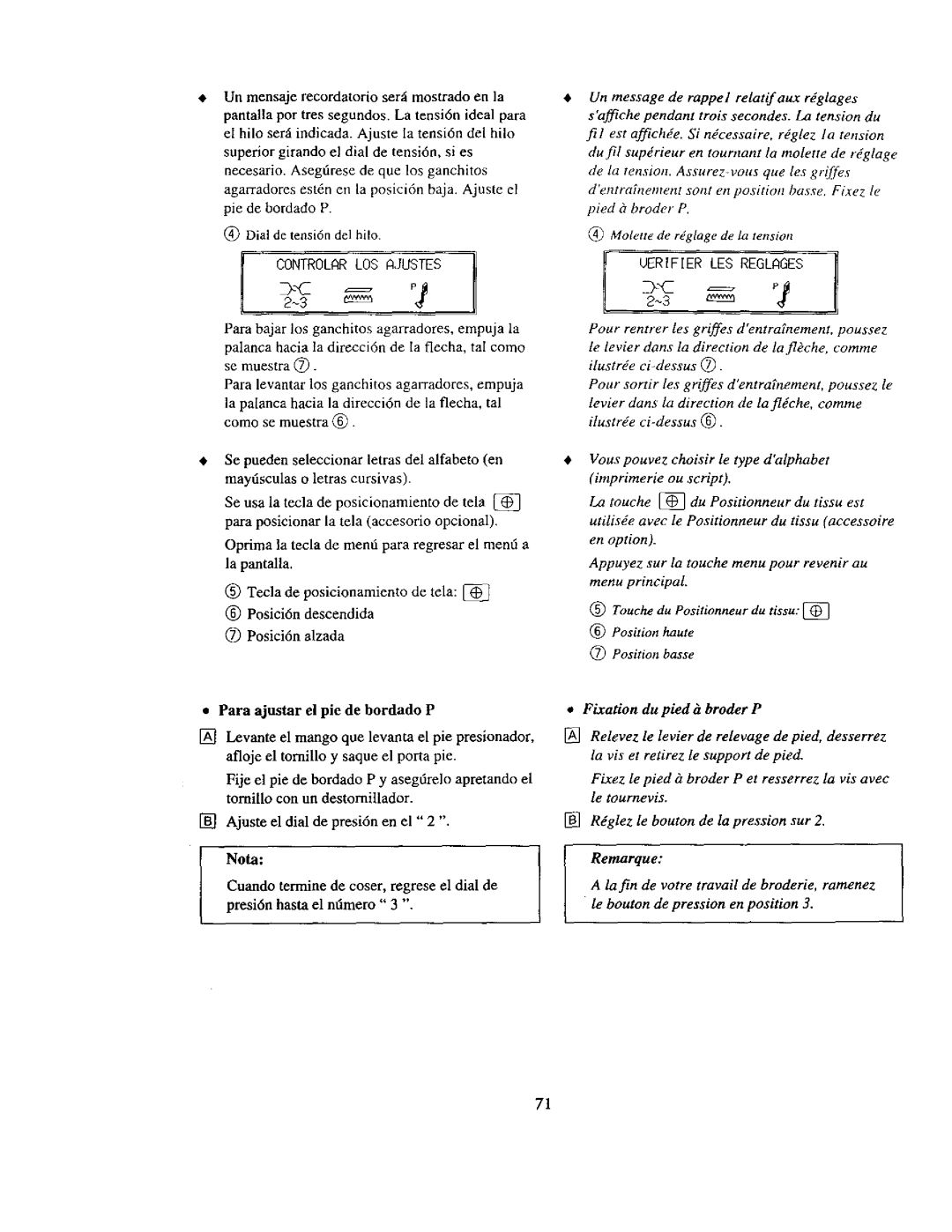 Kenmore 385. 19000 owner manual Para ajustar el pie de bordado P, Presi6n hasta el ntimero 